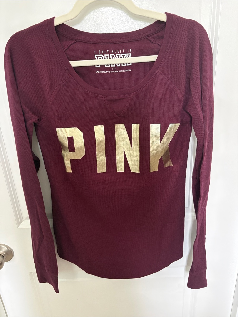 PINK Victoria's Secret Maroon Long Sleeve Top with Gold Logo